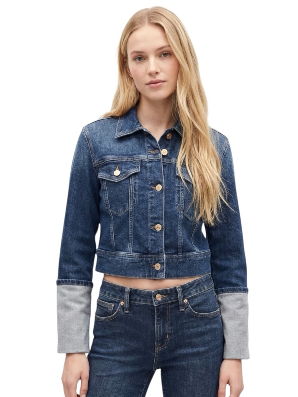 Classic Dark Blue Denim Jacket with Fold-Back Cuffs